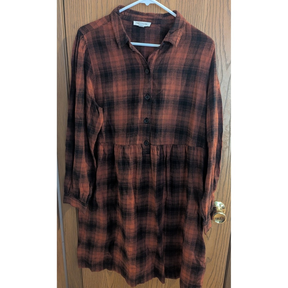 Beachlunchlounge Plaid Shirt Dress Orange/Rust Black Cotton Empire Waist L